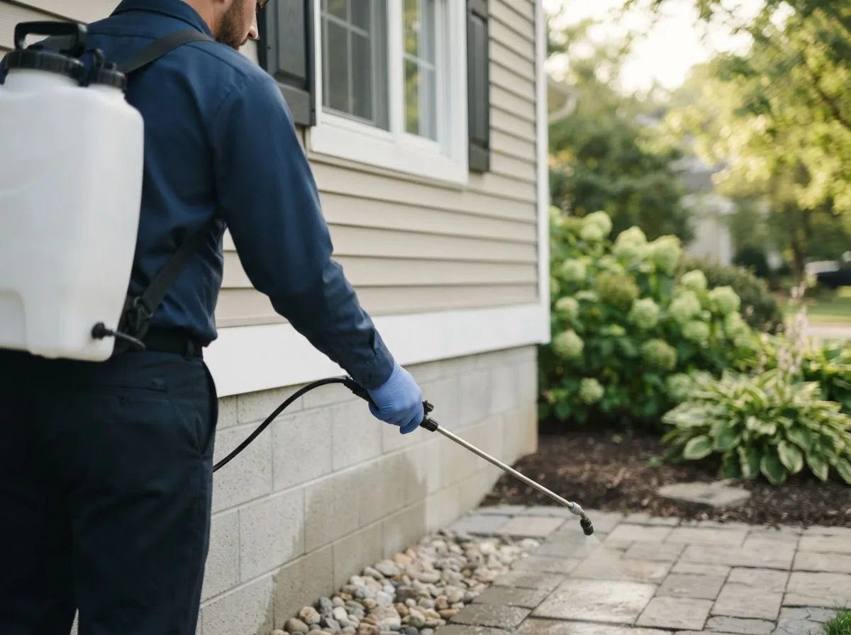 Pest control technician inspecting a home in Hordville, NE